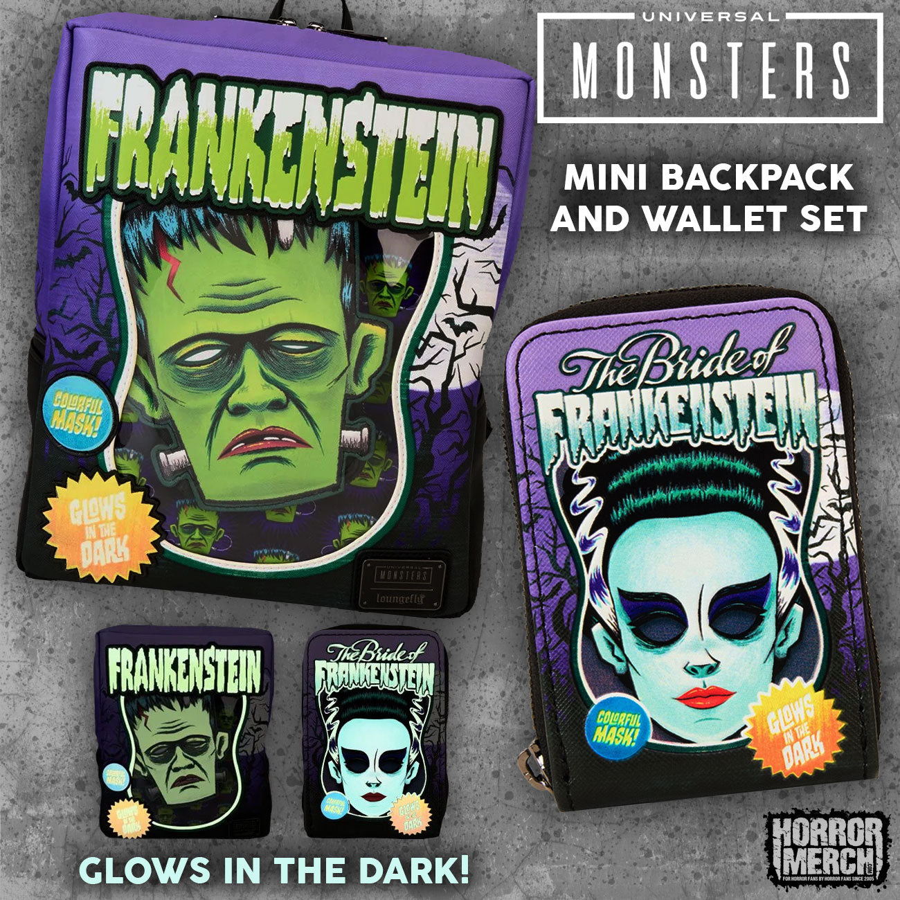 Loungefly Universal Monsters Frankenstein factory And Bride Mini Backpack and wallet