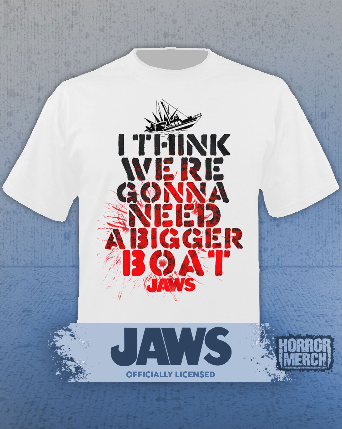 Jaws - Bigger Boat (Splatter) Mens Shirt (White)