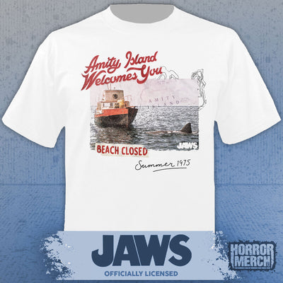 Jaws - Amityville Welcomes You Mens Shirt (White)