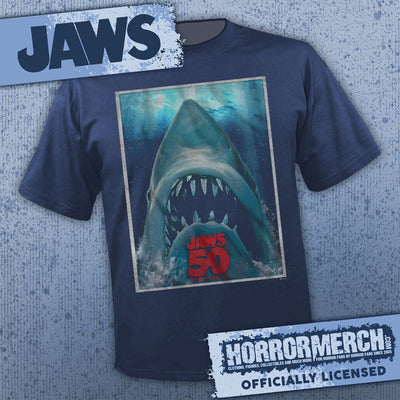 Jaws - 50th Anniversary Poster (Navy) Mens Shirt