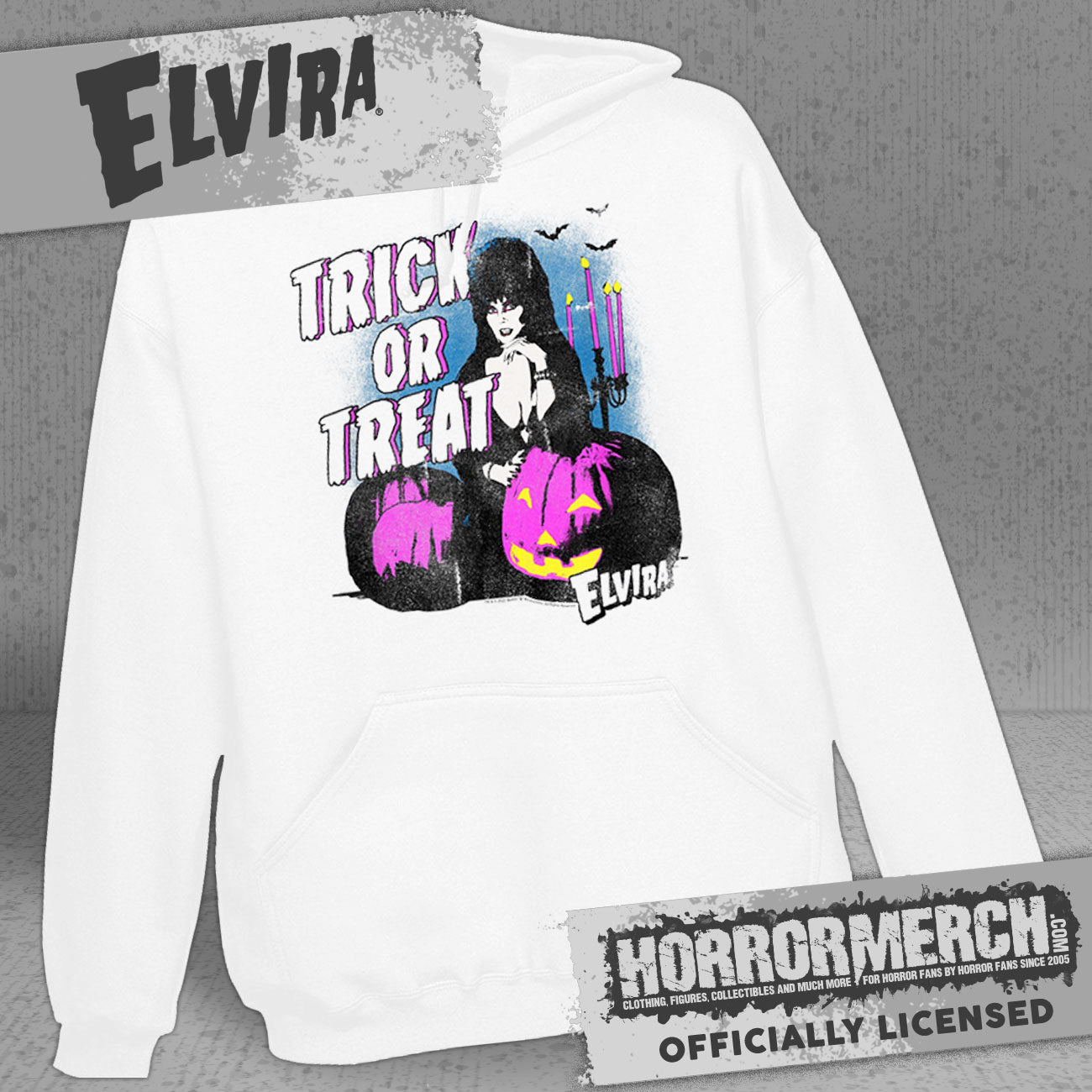Elvira - Trick Or Treat Pumpkins (White) Hooded Sweatshirt