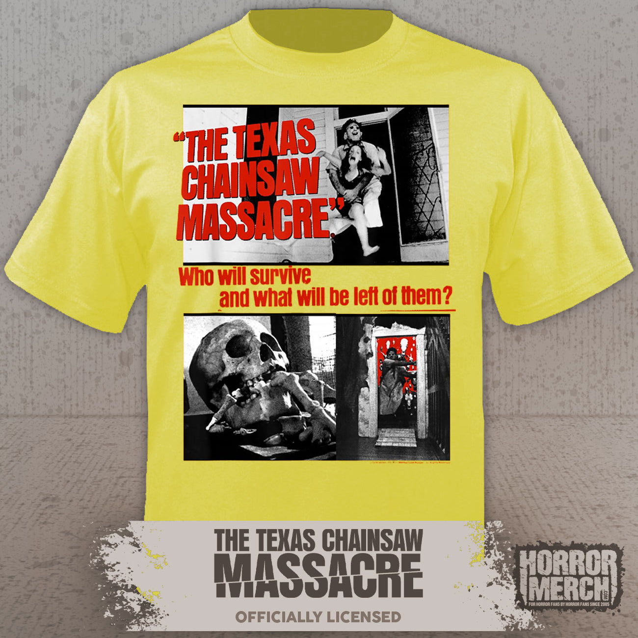 Texas Chainsaw Massacre - Collage (Who Will Survive) Mens Shirt (Yellow)